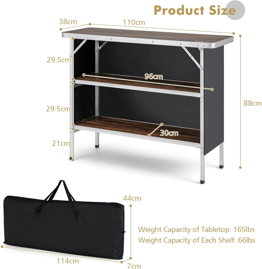 Tavolo Pieghevole con Borsa da Trasporto, Tavolo da Picnic con 3 Livelli di Stoccaggio, Tavolo da Giardino in Alluminio, Tavolino per Picnic, Barbecue, Feste (Venatura del Legno)