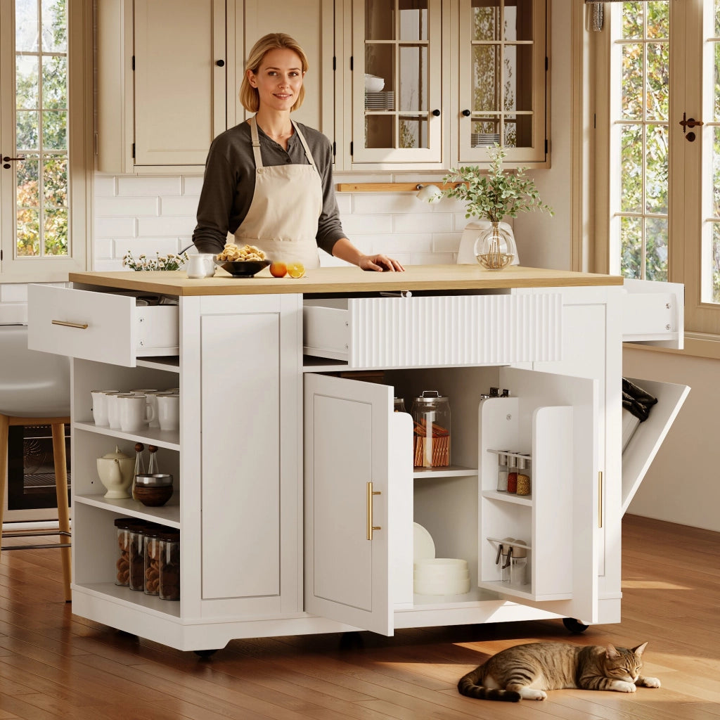 OKWISH Carrello da Cucina con 2 Ante, 3 Cassetti, Vano per Rifiuti e 5 Ruote, per Cucina, 120 × 50 × 92 cm