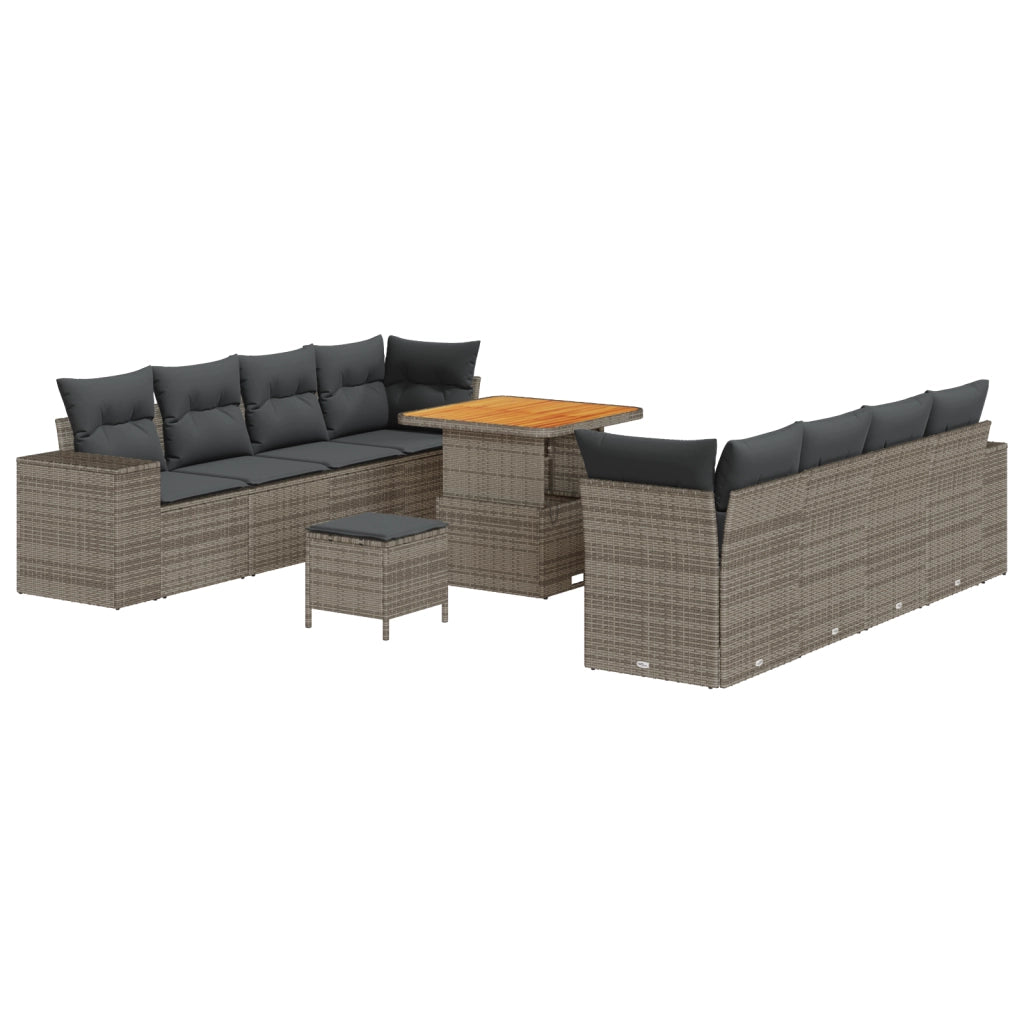 Set di divano da giardino da 11 pezzi con cuscini grigi in polyrattan acacia