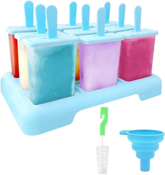 Set di Forme per Gelato con Stuzzicadenti 9 pezzi - Forme per Gelato Riciclabili - BPA Libero - Spazzola per la Pulizia e Sacchetto di Raccordo Pieghevole - Blu