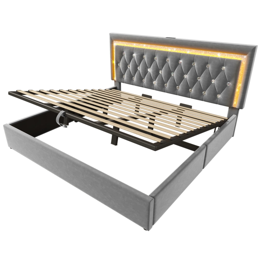 Letto con contenitore 180x200 cm in velluto grigio, LED, USB e USB-C