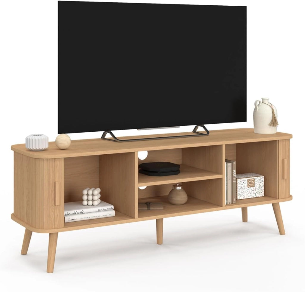 Mobile TV ROMIE 140 cm con 2 ante scorrevoli, doghe in legno color rovere