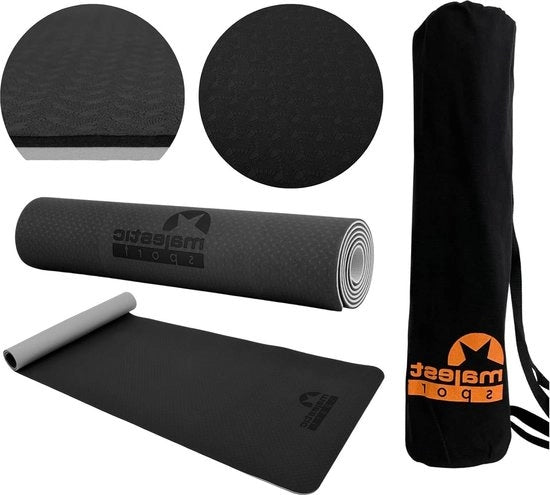 Mat di yoga con borsa di stoffa - tappetino antiscivolo per fitness e pilates - TPE - grigio - 183 x 61 x 0.6 cm