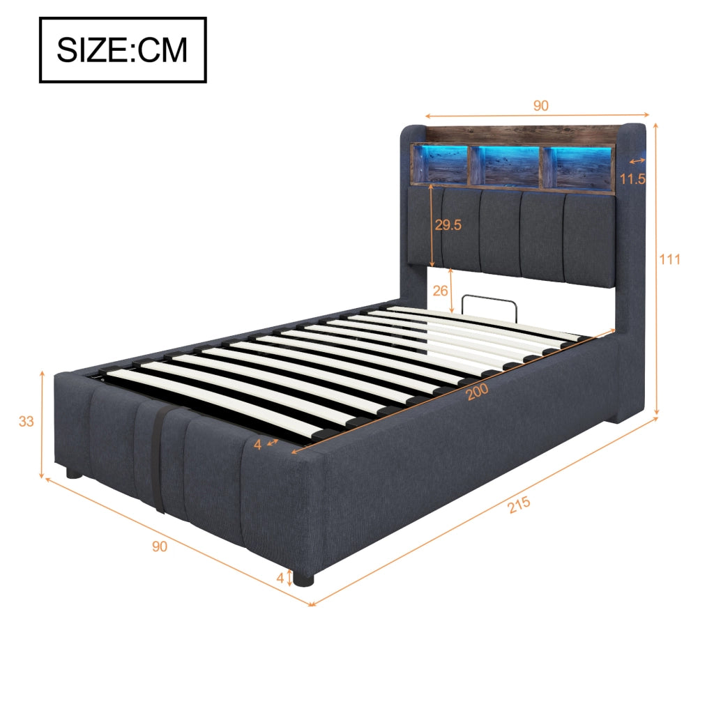 Letto imbottito con LED e porta USB Tipo C; contenitore idraulico 90x200 cm; grigio