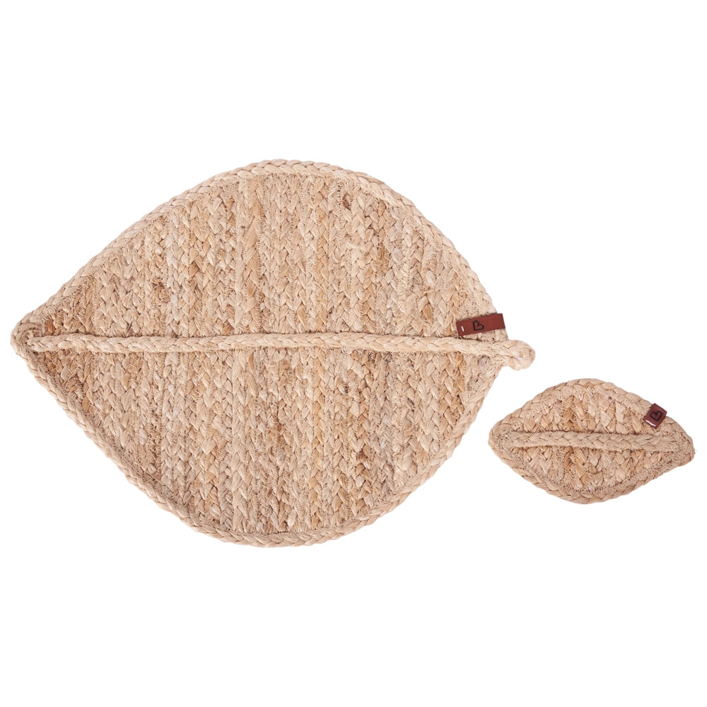 Set di 12 tovagliette e sottobicchieri 30x40/10x15 cm a forma di foglia in iuta naturale fatta a mano stile boho