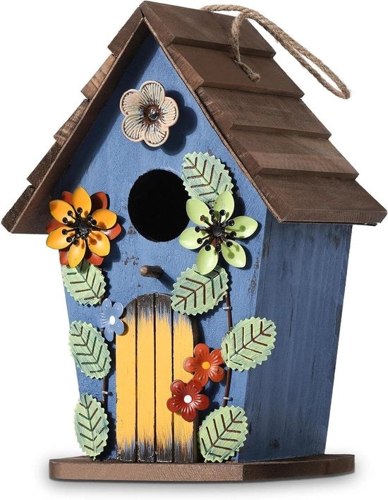 Decorazione da parete per uccelli blu con motivi fiorali e fogliame - Cassetto per nido in legno per giardino balcone terrazza - 40 mm apertura per l'ingresso - 26 x 18 x 14 cm (h x l x p)