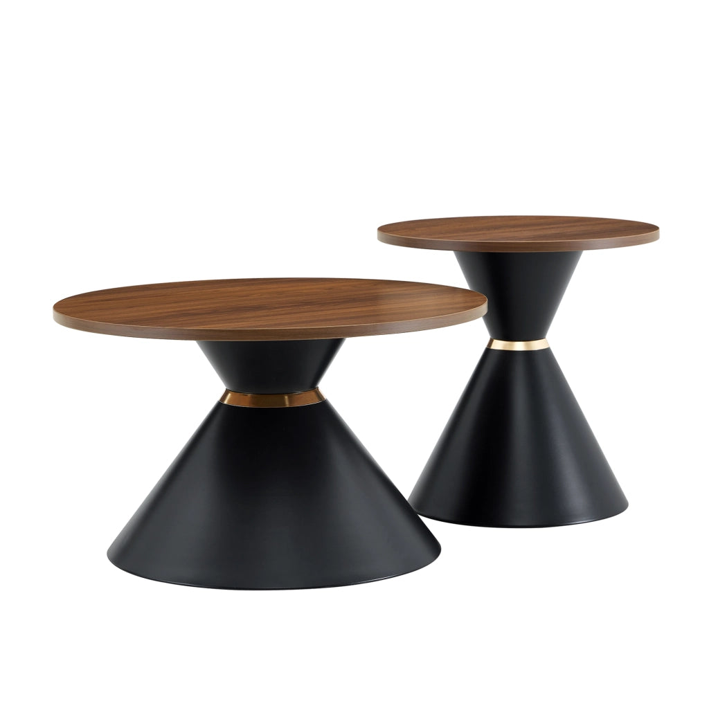 Set di 2 tavolini da caffè con design conico; in metallo; walnut e nero