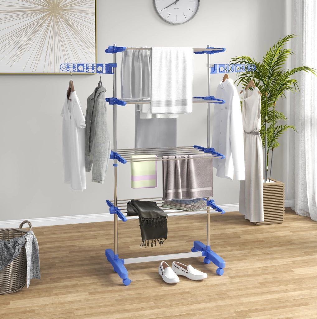 Stendibiancheria pieghevole con ruote in acciaio inox blu