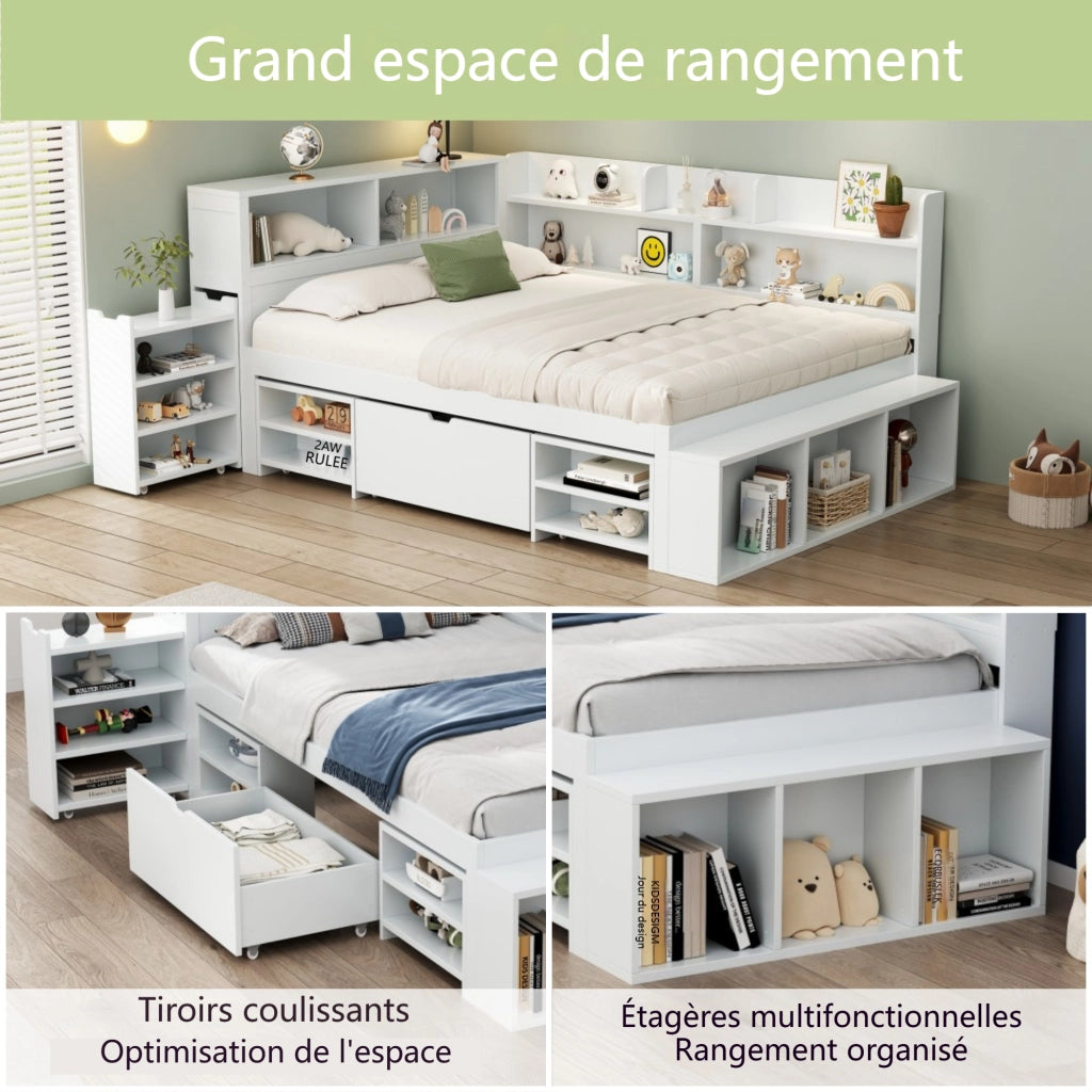 OKWISH Letto Bambino 90×190 cm, Letto Singolo con Contenitore, Cassetti e Mensole, senza Materasso, in Compensato, Bianco