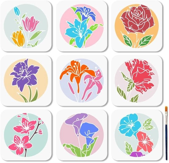 Bloemenstencil 9 Stuks - Schede Herbruikbare per Schede - Pittura - Tulipani/Lilie/Rose/Piante di Pieno - Incluso Pennello - 15 x 15 cm