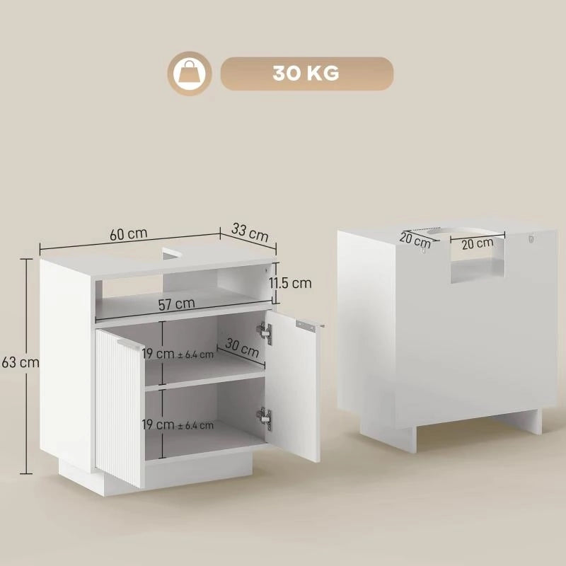 MOBILE SOTTO LAVABO BAGNO CON RIPIANO INTERNO REGOLABILE E RIPIANO APERTO, IN LEGNO, 60X33X63 CM, BIANCO