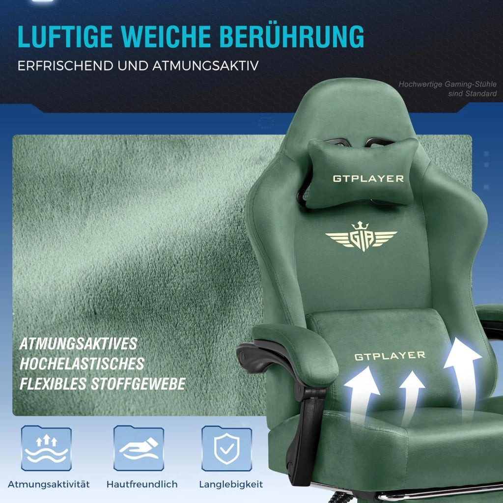 Sedia da gioco, traspirante, sedia da ufficio, ergonomica, in tessuto di alta qualità, ergonomica, schienale regolabile a 160°, poggiapiedi estraibile, carico 180 kg,verde