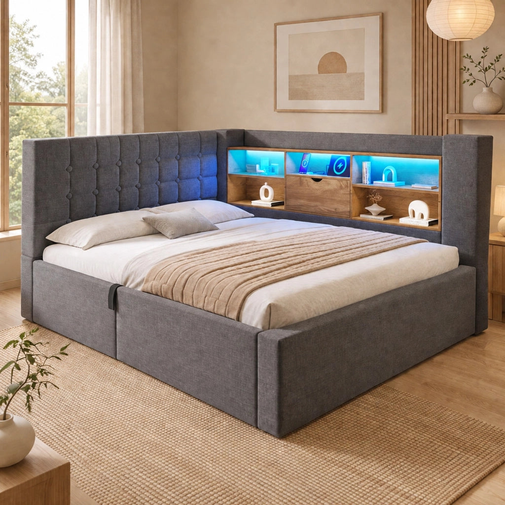 Letto imbottito 140x200 cm grigio con LED, USB e contenitore