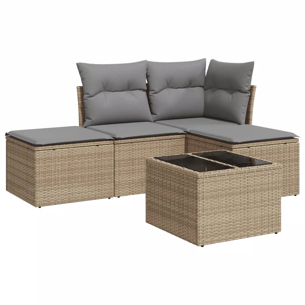 Set Divano da Giardino 5 pz | Set Salotto da Giardino con Cuscini Beige in Polyrattan
