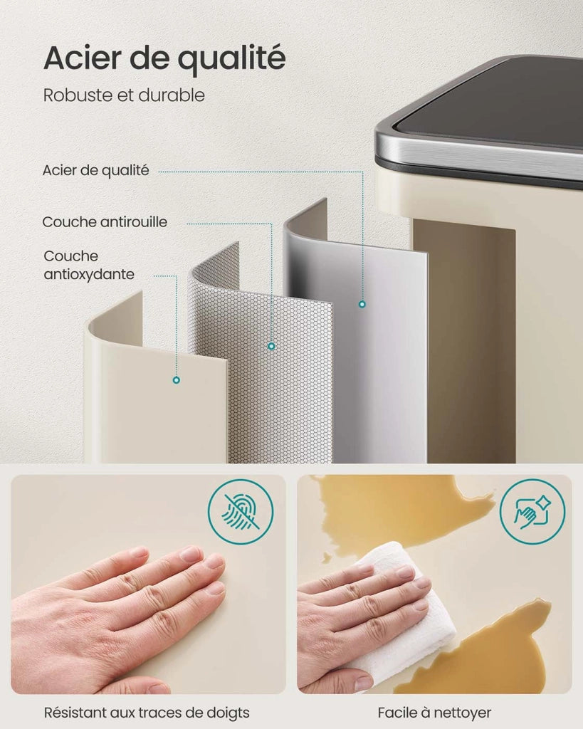 Pattumiera da cucina da 50 litri con 15 sacchetti in acciaio secchio interno in plastica rimovibile con coperchio maniglie con chiusura ammortizzata beige 12_0007183