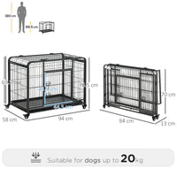 Box Kennel per Cani Pieghevole 94x58x69.5 cm a Doppia Porta con Blocco 4 Ruote e Fondo Rimovibile Grigio