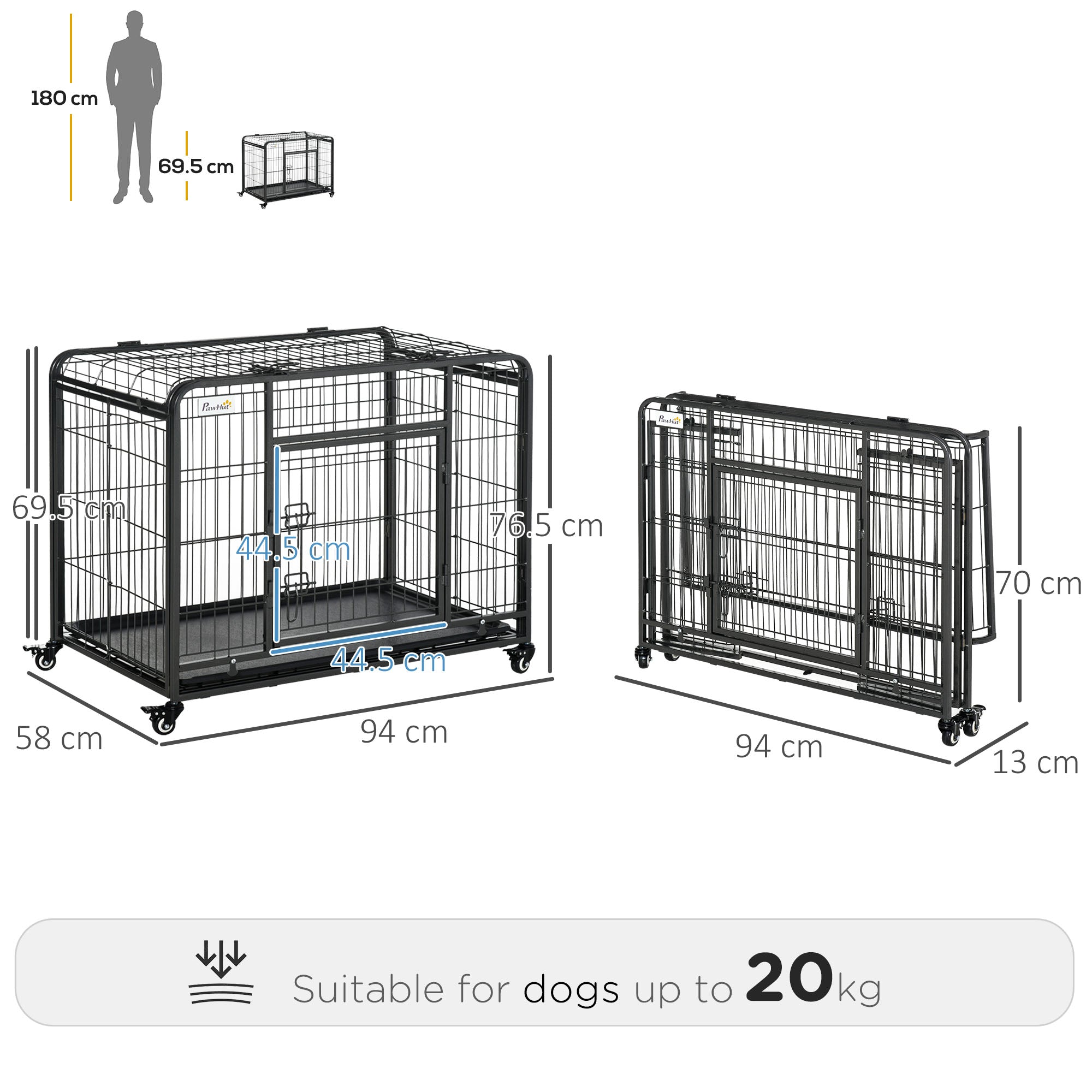 Box Kennel per Cani Pieghevole 94x58x69.5 cm a Doppia Porta con Blocco 4 Ruote e Fondo Rimovibile Grigio