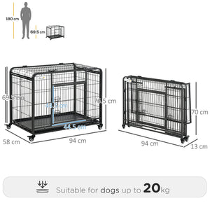 Box Kennel per Cani Pieghevole 94x58x69.5 cm a Doppia Porta con Blocco 4 Ruote e Fondo Rimovibile Grigio
