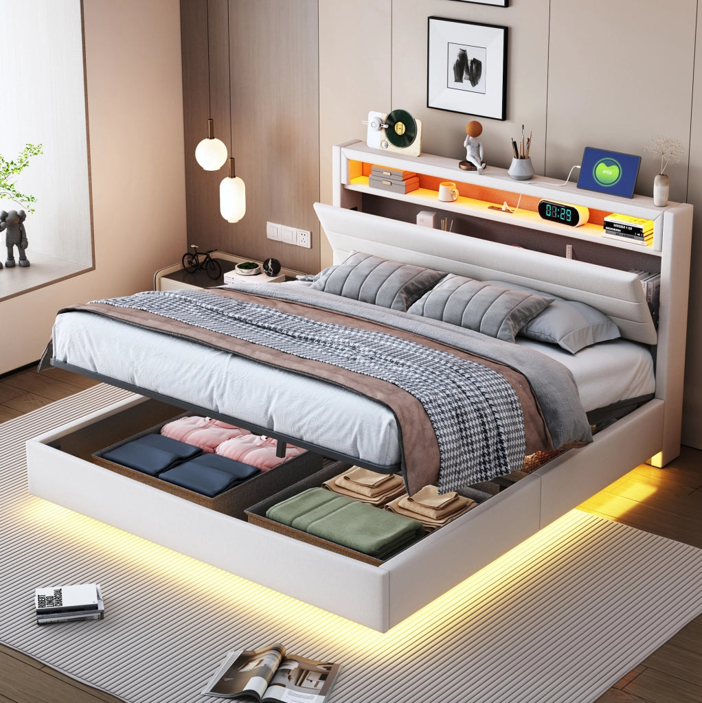 Letto imbottito matrimoniale 140x200 cm con contenitore idraulico; USB e luci LED; beige
