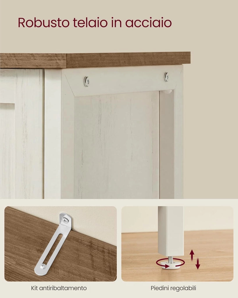 VASAGLE Credenza, Mobile da Cucina, Mobile Contenitore, con 3 Ante, per Soggiorno, Cucina, Sala da Pranzo, 33 x 110 x 75 cm, Stile Country, Marrone Miele e Bianco Vintage LSC096WJ02