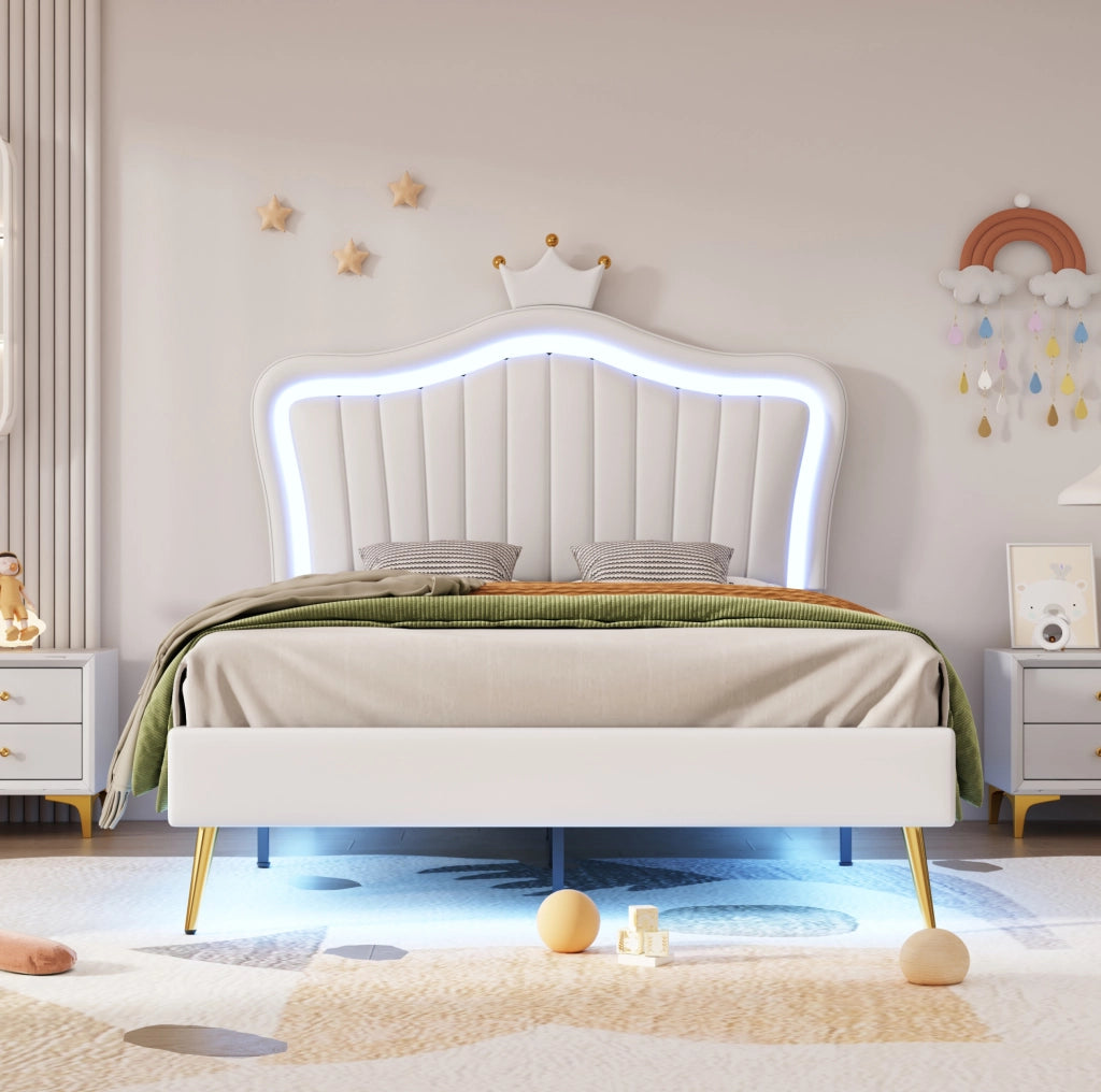 Letto imbottito per bambini 90x200 cm con corona, LED e similpelle bianca
