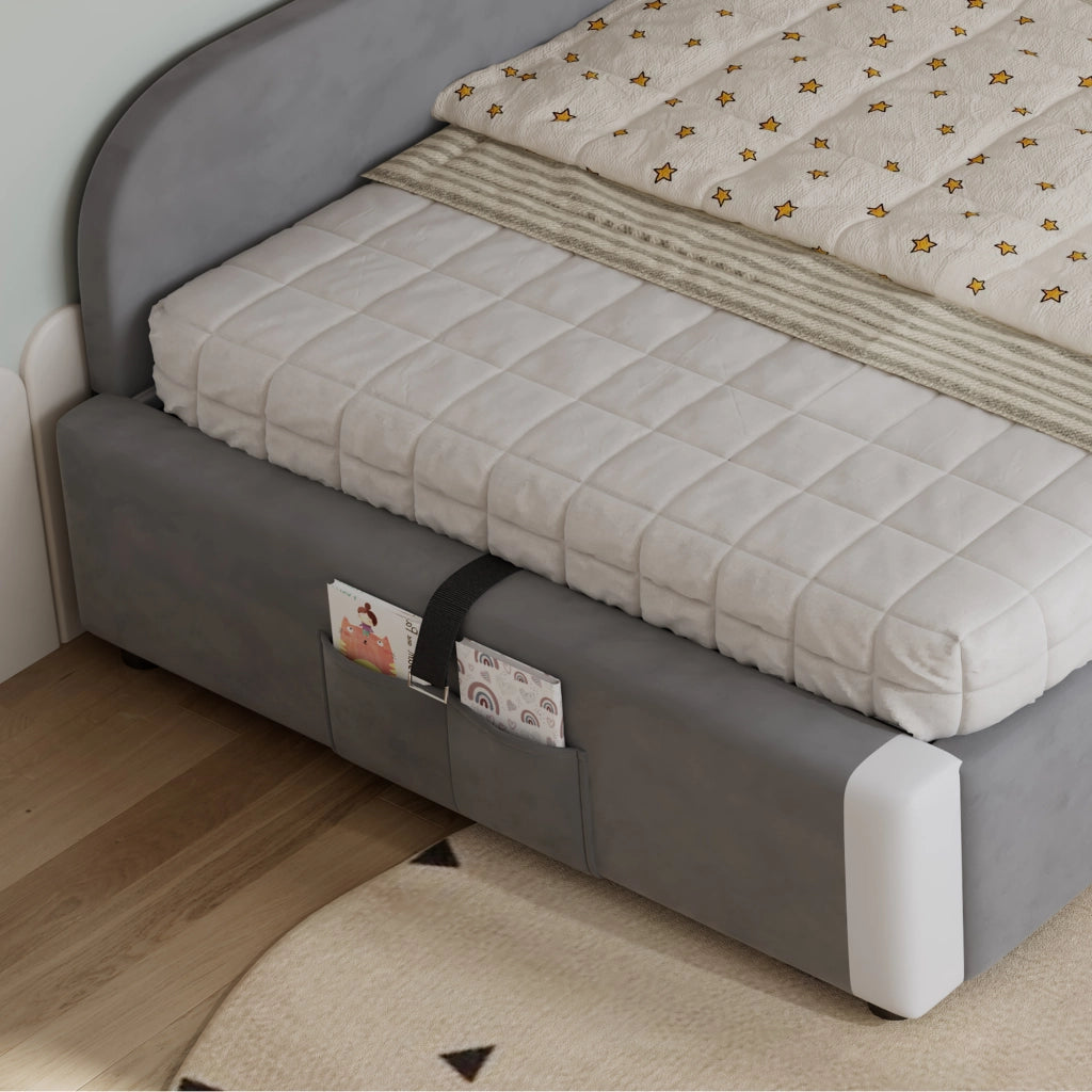 OKWISH Letto Combinato 90×200 cm ×2, Letto Doppio per Bambini con Vano Contenitore Idraulico, Tasca Portaoggetti e Spondina Imbottita, senza Materasso, Grigio