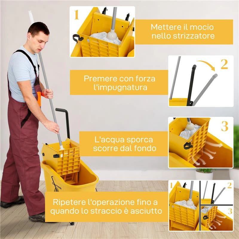 SECCHIO LAVAPAVIMENTI PROFESSIONALE 36L CON MOCIO STRIZZATORE RUOTE E MANICO 55X37X65 CM GIALLO