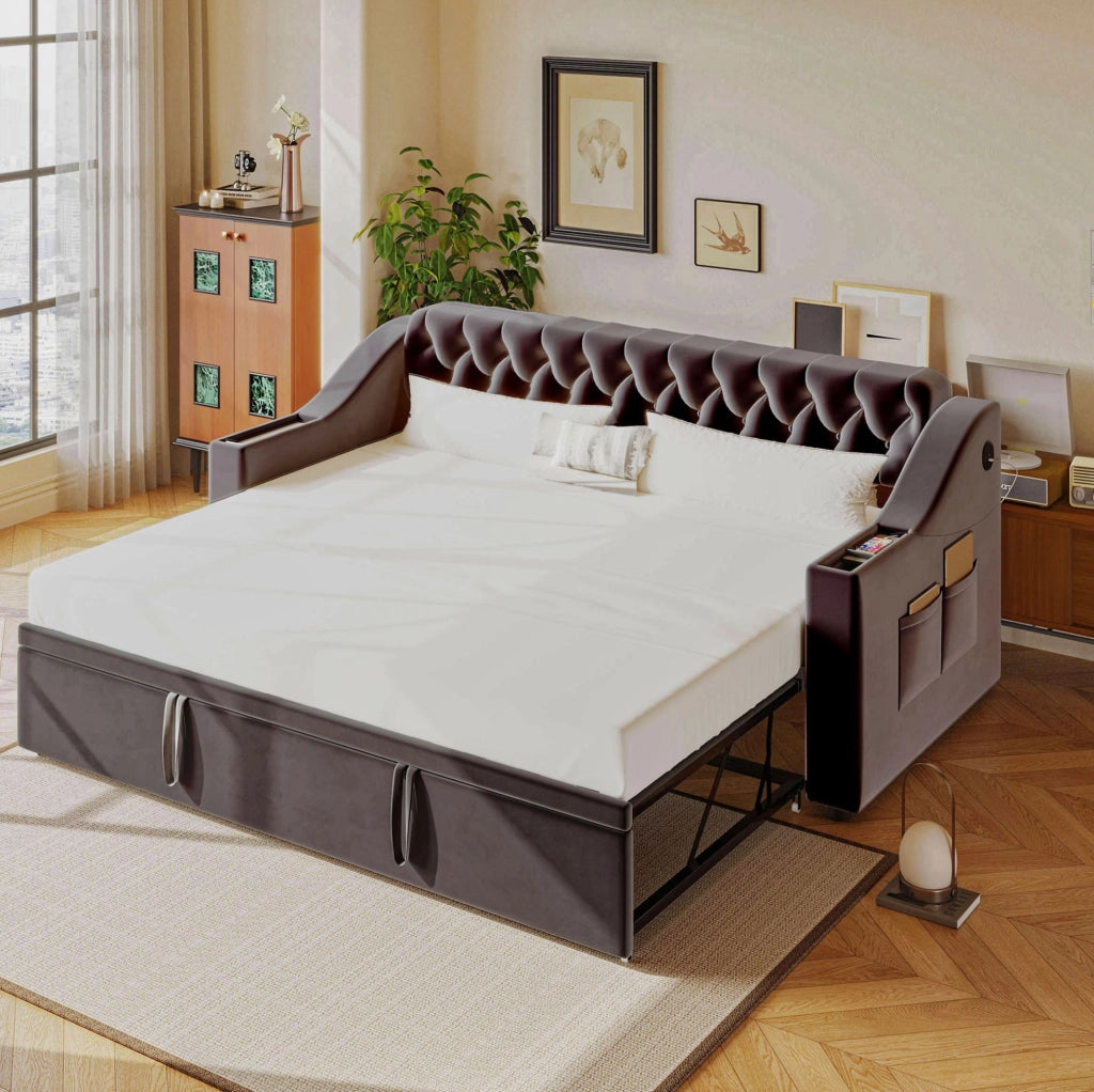 Divano letto imbottito estraibile 90x190 cm grigio con USB