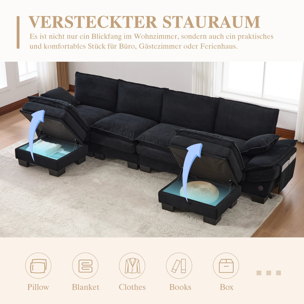 Divano modulare 4 posti in tessuto corduroy con cuscini spessi, porta USB-C e tasche laterali nero 330 × 132 × 84 cm