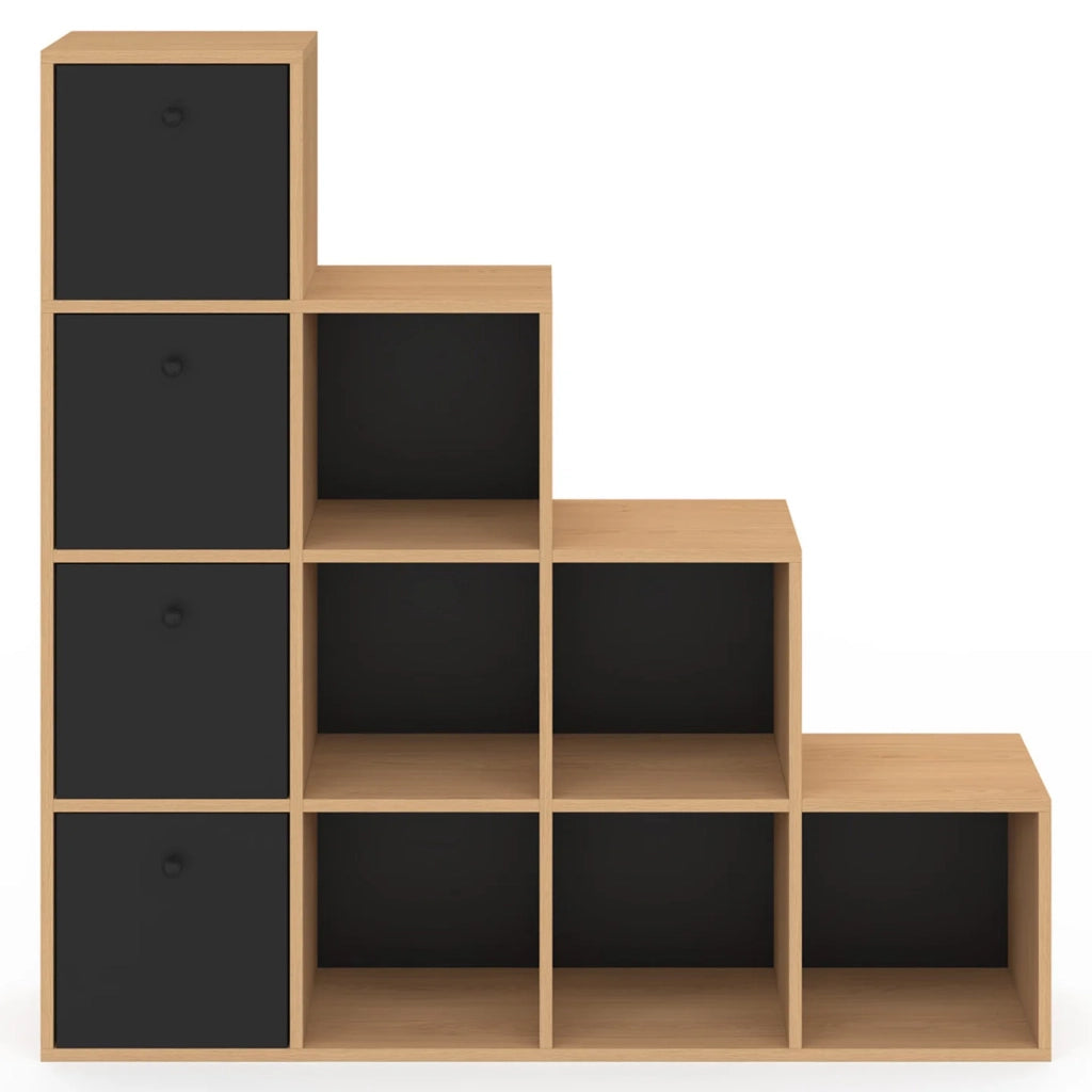 IDMarket - LORYS Contenitore a 4 livelli in legno e nero a gradini con 4 cassetti in tessuto