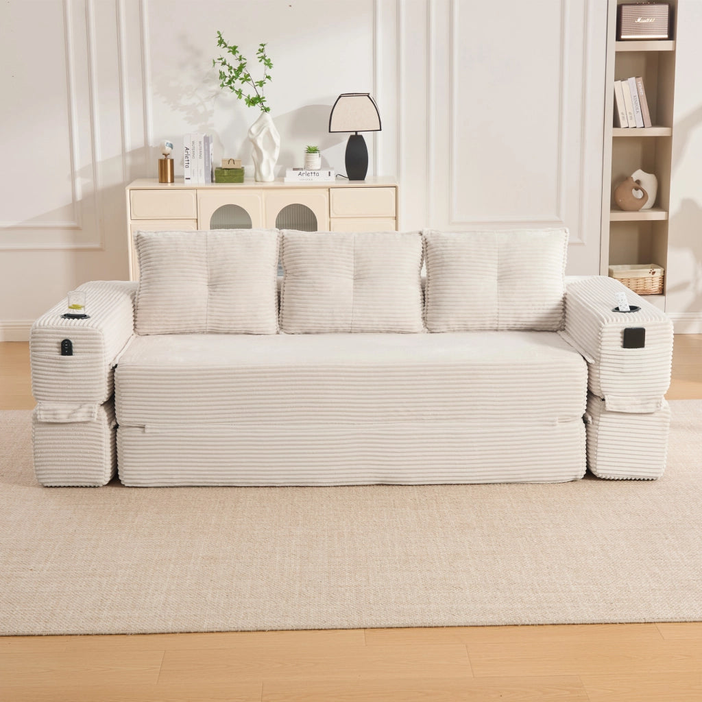Divano letto modulare a 3 posti con tasche e portabicchieri in tessuto a coste beige