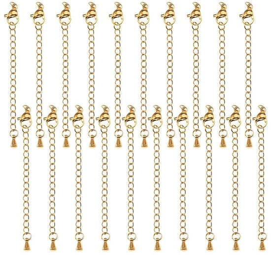 Kit di riduzione catenelle 20 pezzi - Acciaio inossidabile - Giallo dorato - Chiusura granchio - Forma goccia - Adatto per gioielli