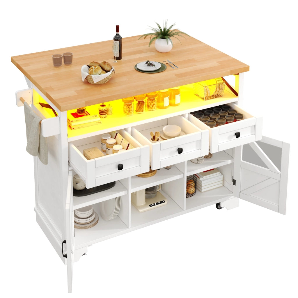 OKWISH Carrello da Cucina con 3 Cassetti e 2 Ante, Piano Pieghevole, Ripiani Regolabili e Ruote, Bianco
