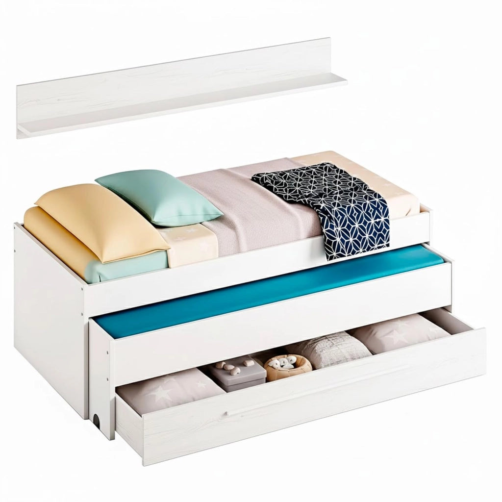 Letto Estraibile Con Cassetto Integrato E Mensola Design Nordico Ideale Per Camerette Piccole Pratico Robusto E Funzionale 65 × 199 × 96 Cm Bianco E Bianco Effetto Legno