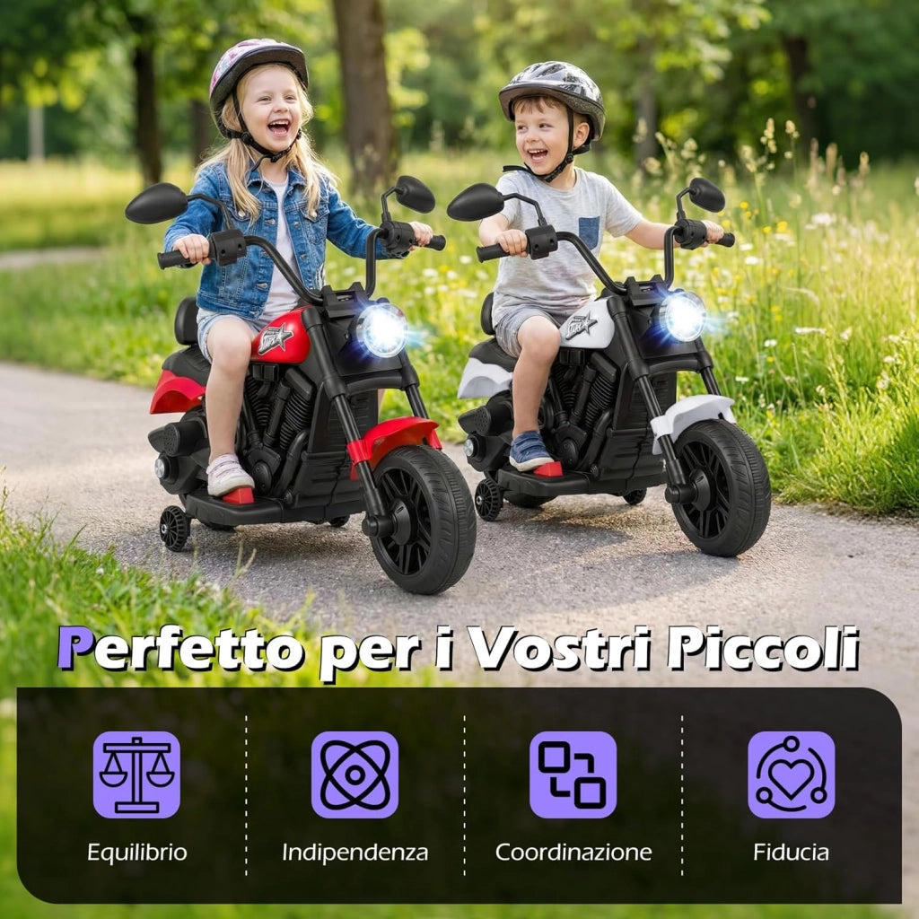 Moto Elettrica per Bambini, 6V Moto Cavalcabile con 2 Ruote di Supporto, Pedale, Fari e Musica, 2,4 km/h, per Bambini 3 Anni+, 79x58x56 cm (Bianco)