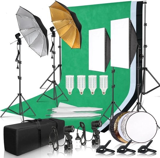 Kit di illuminazione Softbox per studio fotografico - 3 pezzi di cornice per sfondo - supporto per tripode - stativo per sfondi - tavola di riflessione - 4 paralume