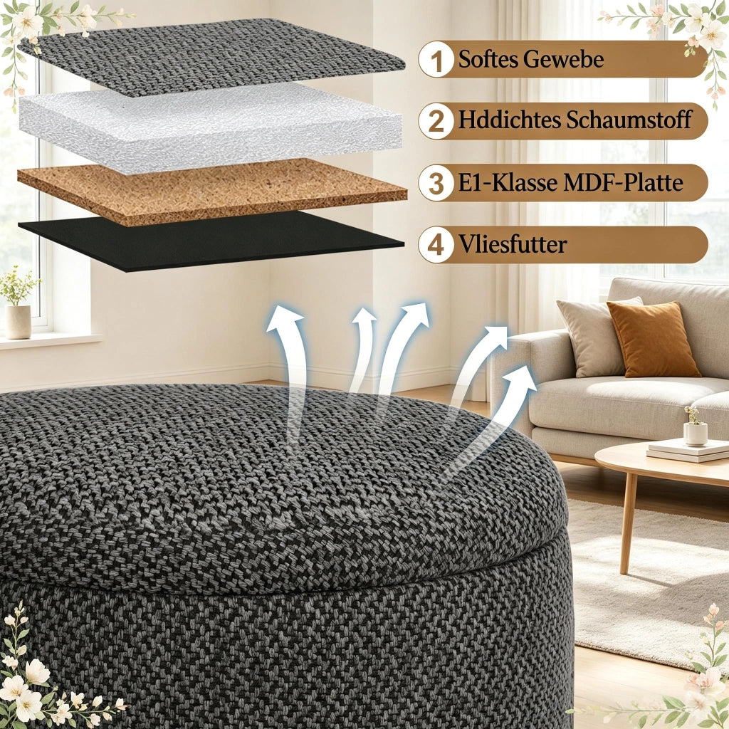 Poggiapiedi contenitore rotondo con seduta imbottita e vassoio in legno in lino spesso grigio scuro 39 × 39 × 33 cm