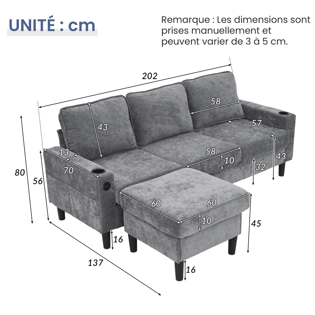 OKWISH Divano Angolare Reversibile 3 Posti, con USB, USB-C, Portabicchieri e Tasche Laterali, Lino, Grigio