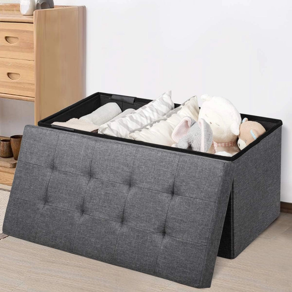 Ottomana Salvaspazio Pieghevole da 80 cm, Cassapanca per Giocattoli con Contenitore Rimovibile, Poggiapiedi con Sedile Imbottito per Soggiorno, Camera da Letto, Portata 160 kg (Grigio Scuro)