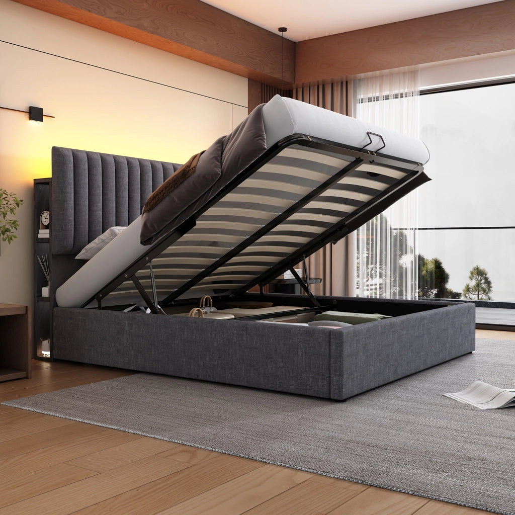 Letto matrimoniale imbottito 140x200 cm con contenitore, LED App-Control, USB e Type-C, grigio, con materasso