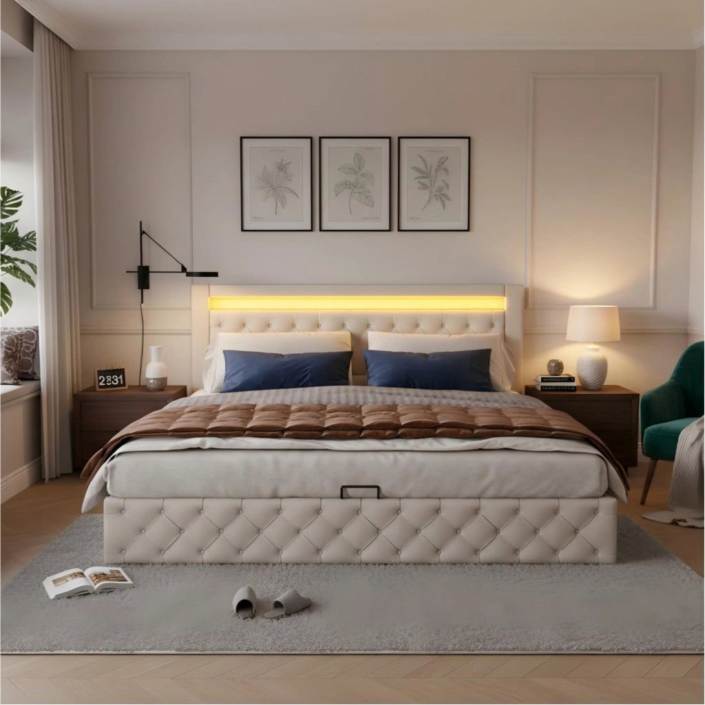 Letto imbottito con contenitore idraulico e LED, 140x190 cm, bianco PU