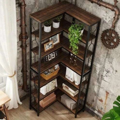 Libreria angolare a 7 ripiani nero e marrone in legno ingegnerizzato con sponde