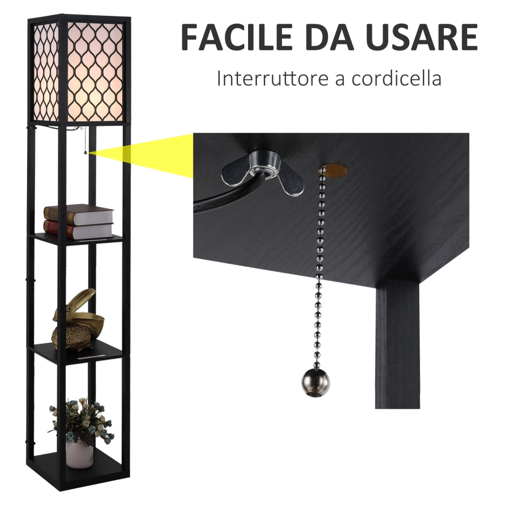 EasyComfort Lampada Lampadina da Terra Salvaspazio con Ripiani Durevole Cotone, MDF 26 x 26 x 160 cm Nero, bianco