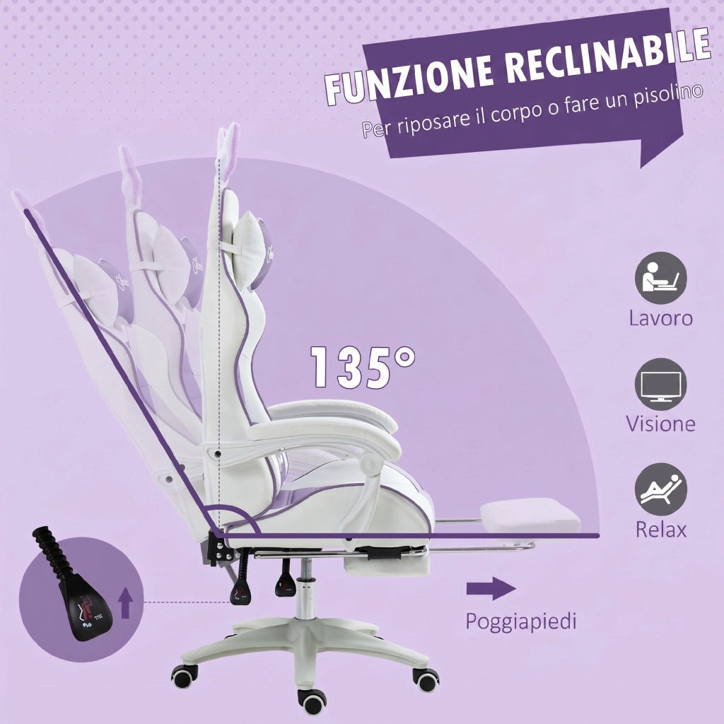 Sedia Gaming con Orecchie da Coniglio, Poggiapiedi, Cuscini, Reclinabile e Altezza Regolabile, Viola