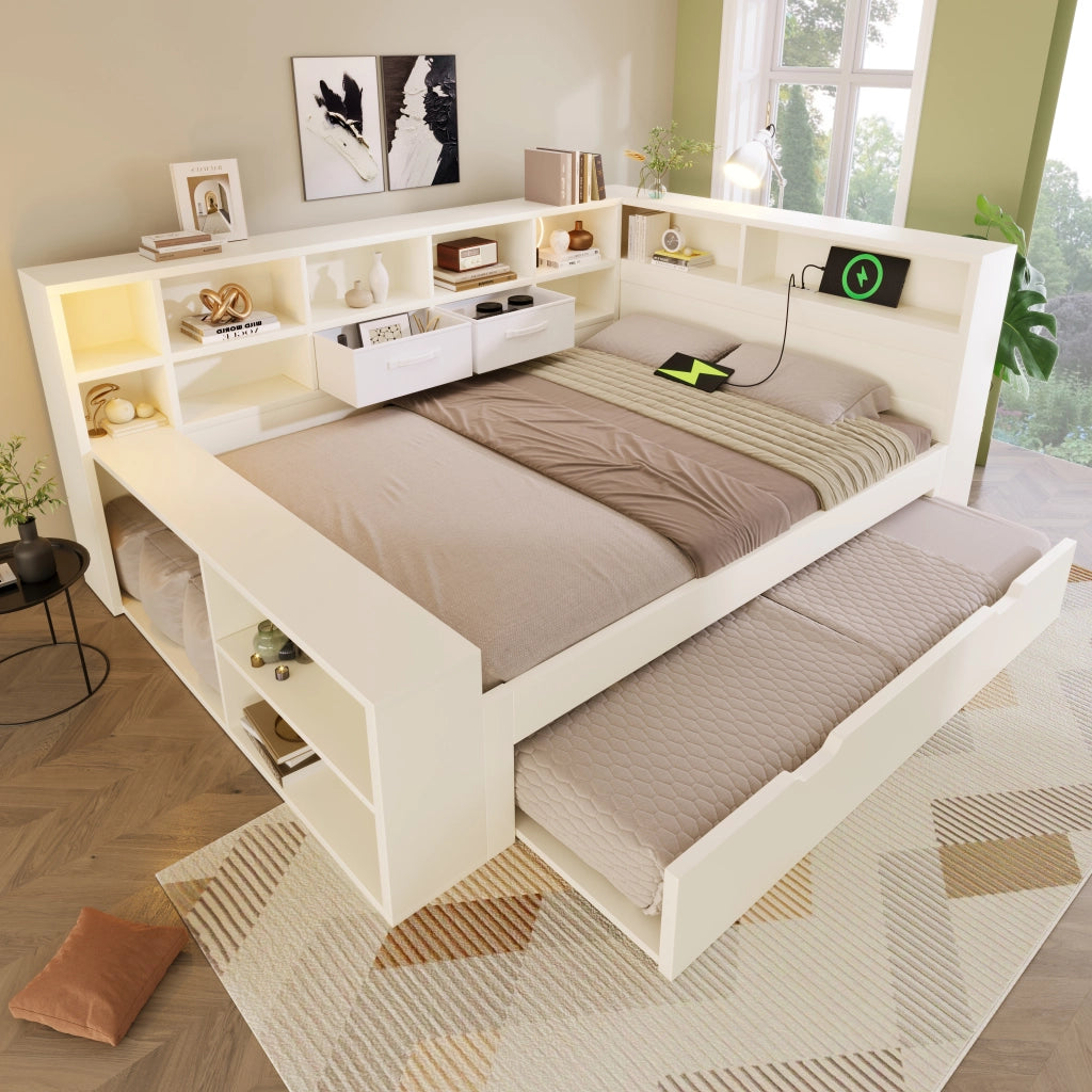 Letto estraibile 140 × 200 cm et 90 × 190 cm, 8 vani contenitore, 3 USB et 1 Type-C, senza materasso, bianco