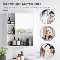 kleankin Armadietto Bagno con Specchio, Ripiani e Scaffale Regolabile, Montaggio a Parete, 60x15x76cm, Bianco