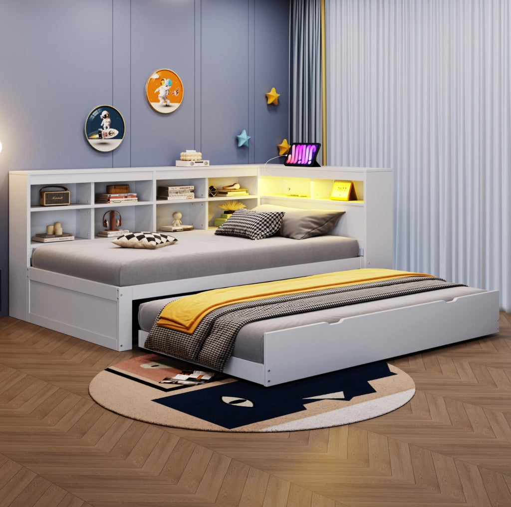 Letto singolo multifunzione 90x200 cm in legno bianco con letto estraibile, USB e LED