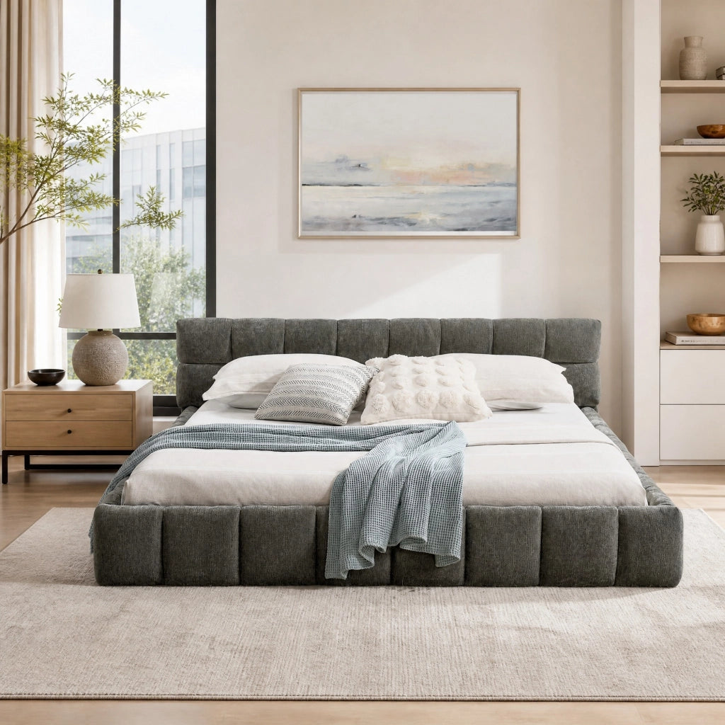 Letto matrimoniale 160x200 cm in chenille Dark Gray con struttura in eucalipto e ferro