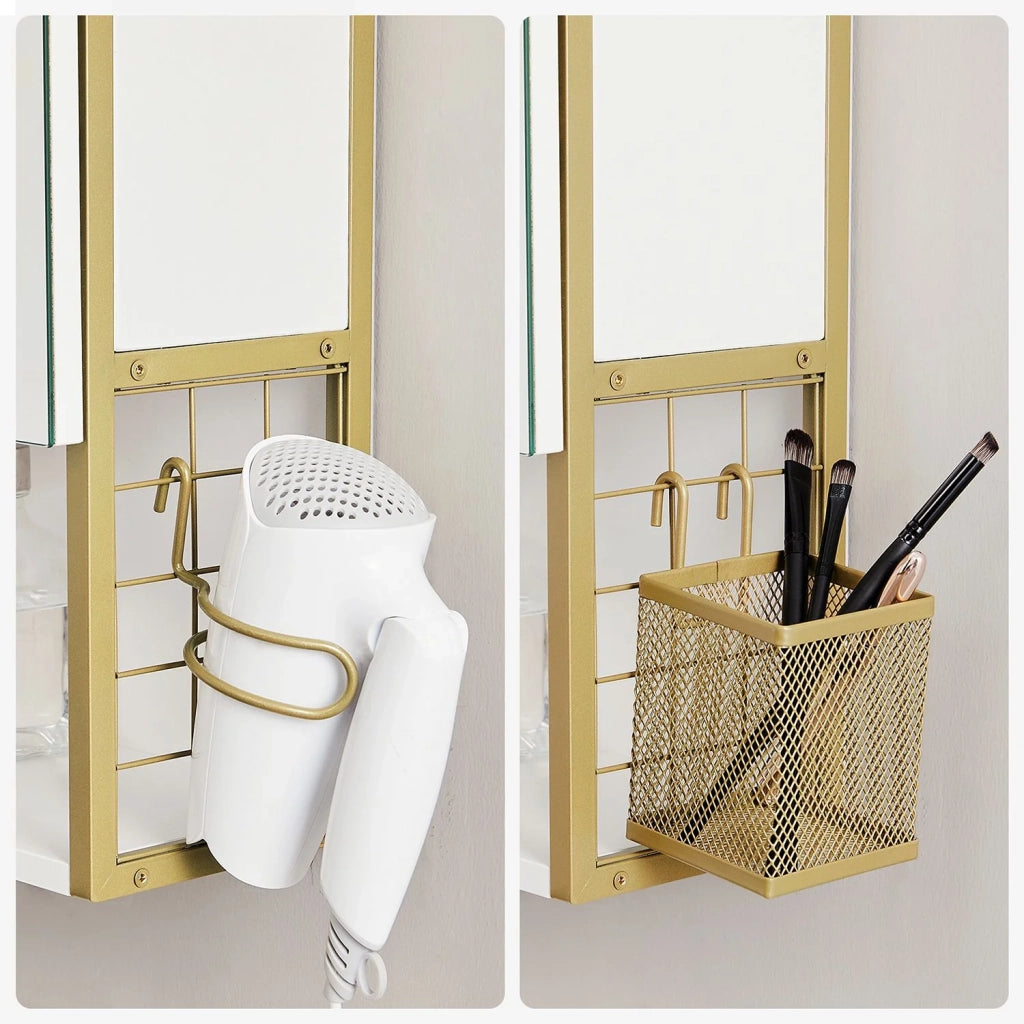 Mobiletto da bagno sospeso con specchio 70 x 14,5 x 70 cm con luce LED 3 ante ripiano regolabile portaphon stile moderno chic bianco e oro 12_0004037