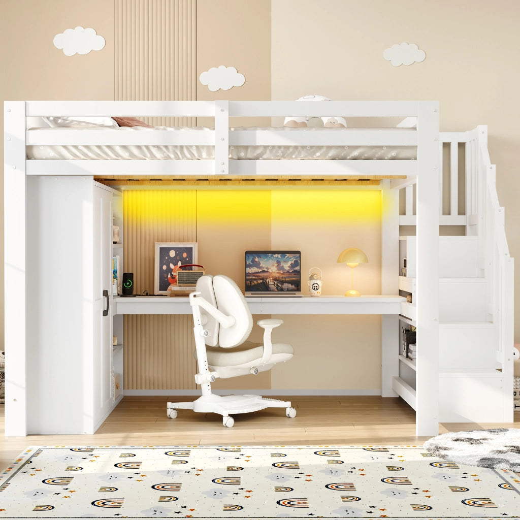 Letto a Soppalco 140x200 cm con Scrivania; Scaffali; Armadio; Scala e LED Bianco